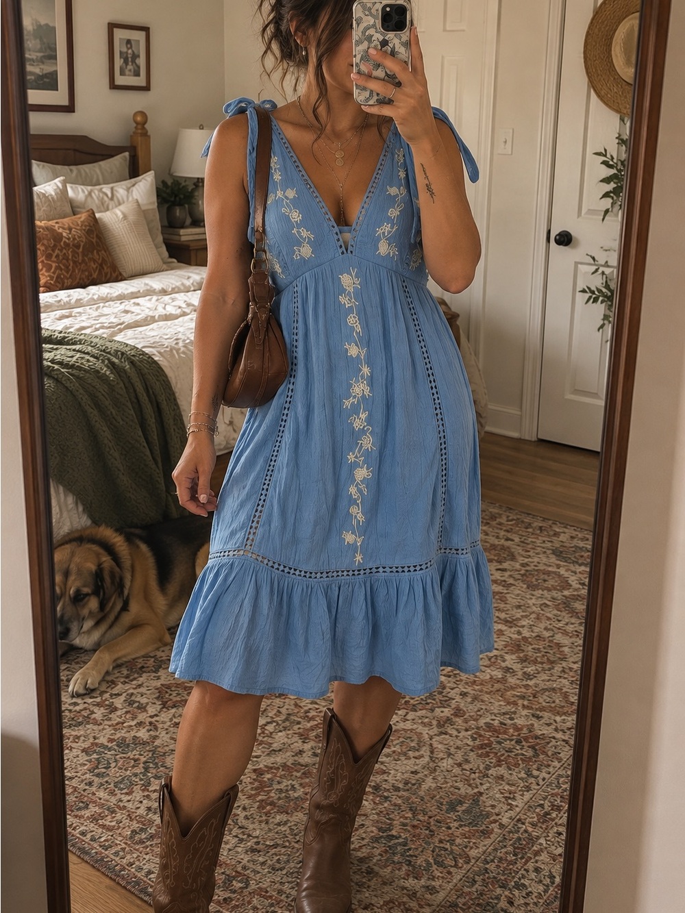 Jessica Simpson Blue Embroidered Boho Sundress Tie Strap Midi Dress M